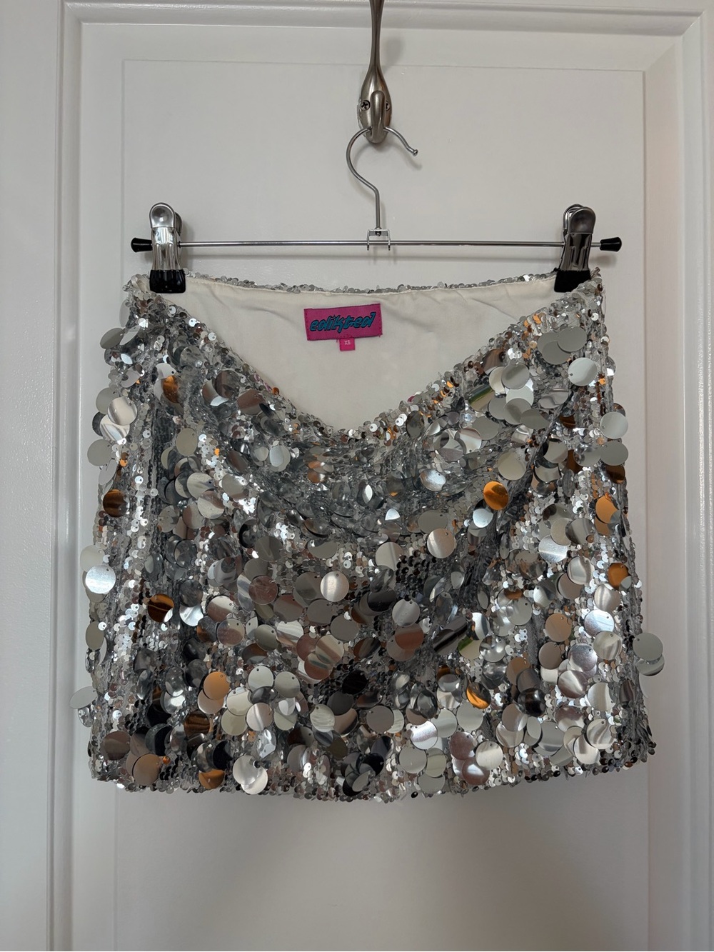 Edikted Silver Sequin Disc Mini Skirt